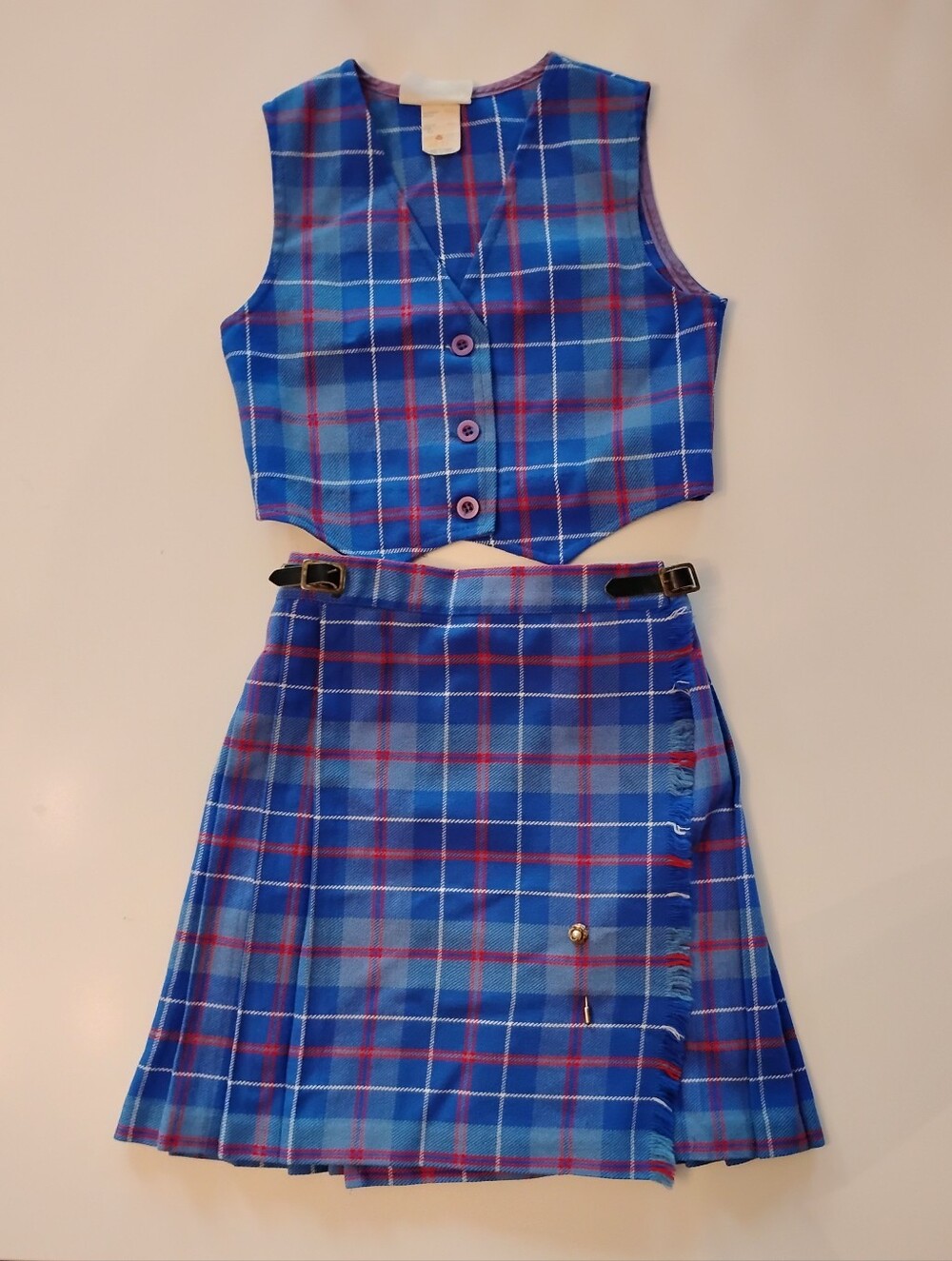 Eaton Vintage Blue Plaid Girls' 6X Two-Piece Vest w Skirt Complete w VTG Pin